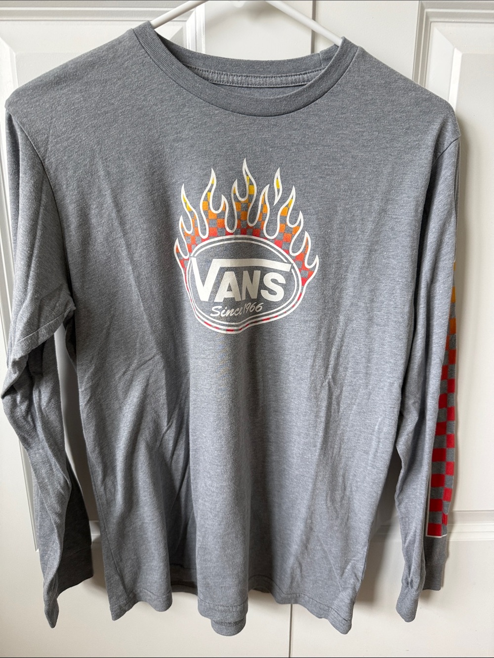 Vans Gray Long Sleeve Tee with Flame Logo and Red Check Sleeve